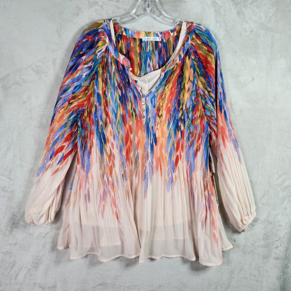 Figueroa & Flower Blouse Womens 1X Watercolor Abstract Boho Chiffon Office‎ Tank